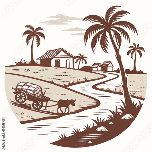 Idyllic rural landscape with a bullock cart carrying barrels along a winding river past palm trees and traditional houses