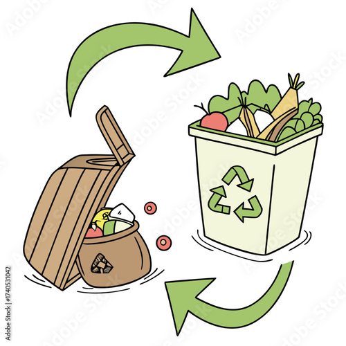 Illustration of a composting bin with vegetables and a trash can with food waste showing the recycling process with arrows