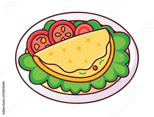 Delicious omelette with fresh vegetables on a white plate illustration