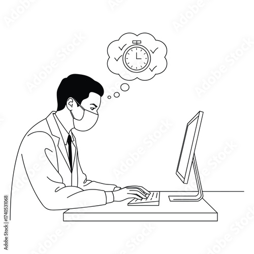 Man wearing a face mask typing on a computer with a thought bubble showing a stopwatch and checkmarks Keywords: man, wearing mask, face mask, typing, computer, keyboard, desk, work, office