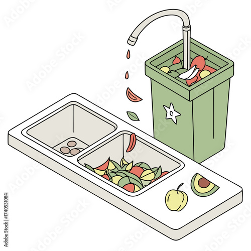 Illustration of a kitchen sink with food scraps being rinsed into a compost bin promoting sustainability and waste reduction