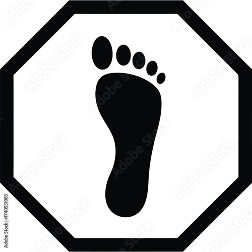 Footprint in Octagon Sign symbol barefoot walking health icon shape black white human toe heel foot care