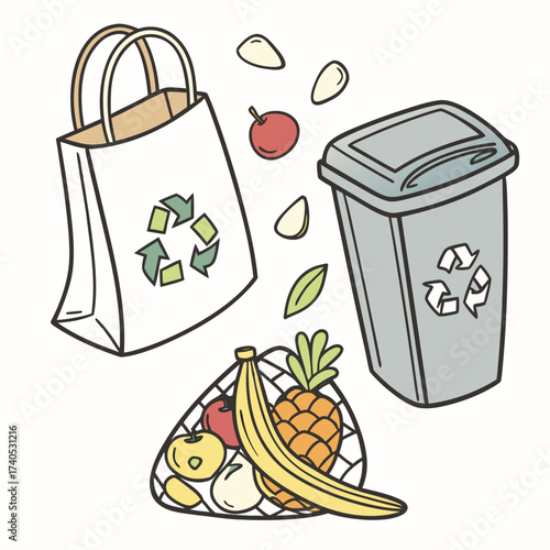 Illustration of reusable shopping bags and a trash can with fruit and leaves symbolizing sustainable living and waste reduction