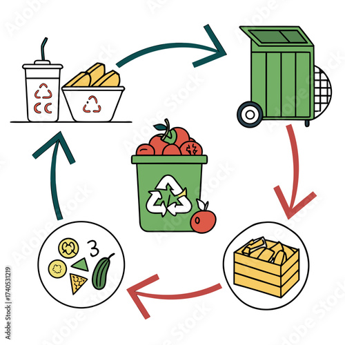 Illustration of the food waste cycle from consumption to composting and back to food production