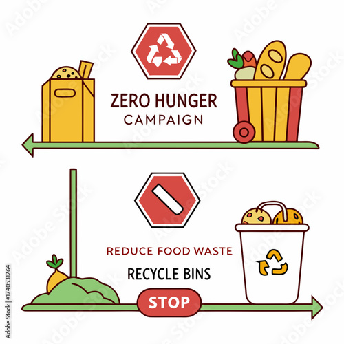 Illustrative infographic promoting zero hunger and reducing food waste with recycling bins and stop signs