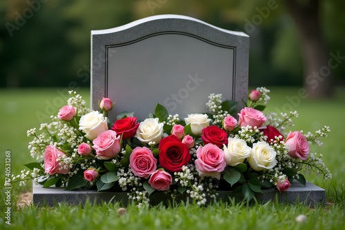 Fototapeta Naklejka Na Ścianę i Meble -  A gravestone covered in fresh flowers, loyalty remembered.

