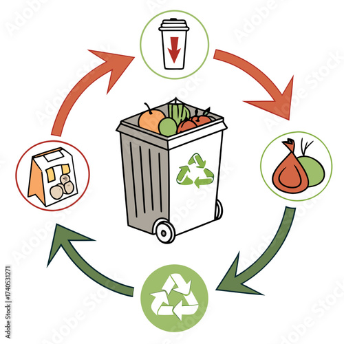 Illustration of the food waste recycling process showing collection disposal and reuse in a circular economy concept