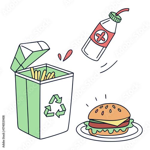 A cartoon illustration of a hamburger french fries being thrown into a recycling bin and a bottle of ketchup