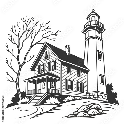A classic lighthouse keeper s house with a tall tower stands on a hill next to a bare tree and some rocks