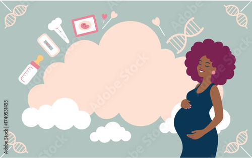 Pregnant woman with dark curly hair in a dark blue dress holding her belly with baby items and DNA strands on a light blue background Keywords: pregnant woman, pregnancy, baby, expecting