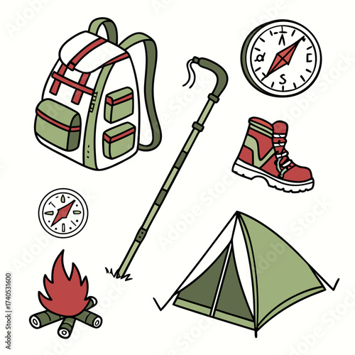 Collection of hand drawn cartoon style outdoor adventure and camping gear including a backpack hiking pole compass boot tent and campfire
