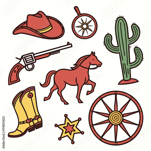 Collection of hand drawn western cowboy icons including a hat pistol horse cactus boot sheriff star and wagon wheels on a white background