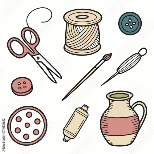 Collection of sewing and crafting supplies including scissors thread spool needle paintbrush buttons and a clay pot on a white background