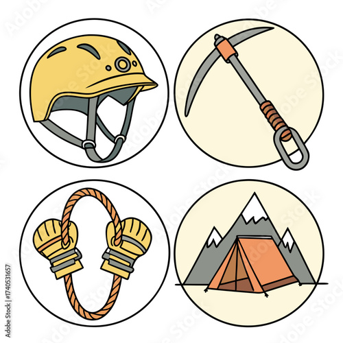 Collection of mountaineering and climbing equipment icons including a helmet ice axe gloves and a tent with mountains