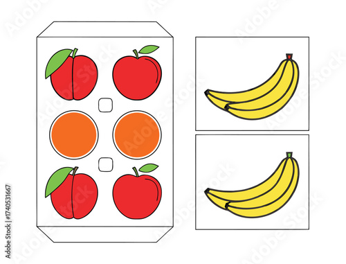 Printable fruit matching game with apples peaches oranges and bananas