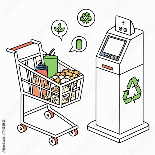 Illustration of a shopping cart filled with recyclable items next to a recycling deposit machine with icons representing sustainability and waste reduction