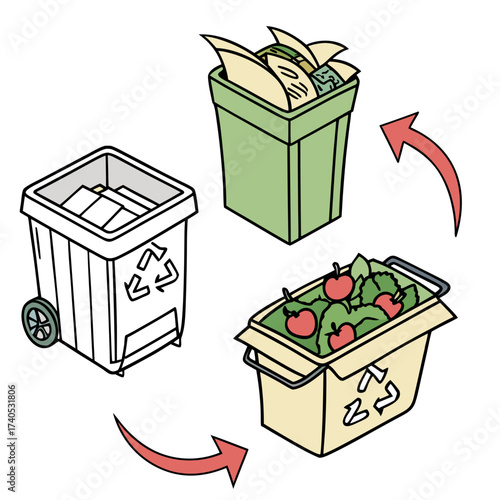 Illustration of a three bin recycling system showing waste separation for compost paper and general refuse with recycling symbols and arrows