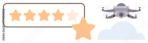 quadcopter hovering near a cloud beside a 5-star rating bar with one detached star. Ideal for feedback, reviews, innovation, aerial services, quality, technology, exploration. Simple flat metaphor