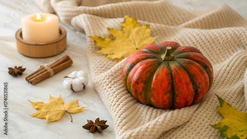 Wallpaper Mural Cozy Autumn Still Life with Pumpkin Candle Spices and Fall Leaves Perfect for Thanksgiving and Seasonal Decor Torontodigital.ca