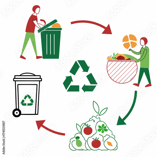 Illustrative infographic showing the process of composting food waste from collection to usable compost