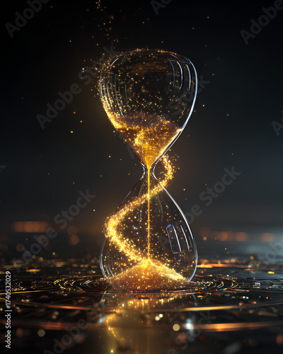 Time reverse hourglass with glowing golden particles flowing upward symbolizing anti aging and reversing time against dark gradient background
