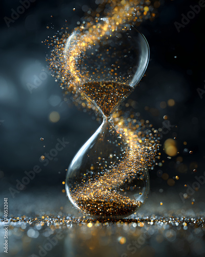 Time reverse hourglass with glowing golden particles flowing upward symbolizing anti aging and reversing time against dark gradient background
