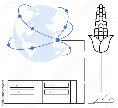 Planet with global network lines, data servers, corn plant symbolizing technology, sustainability, agriculture. Ideal for technology in farming, sustainability, innovation, big data connectivity