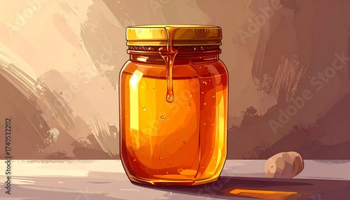 A jar of golden honey, glistening and viscous, sits ready