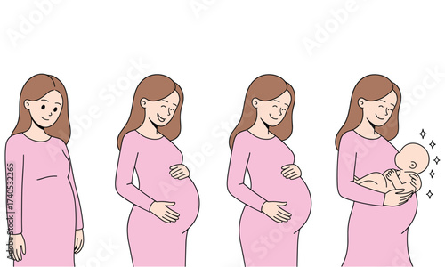 Stages of Pregnancy and Mother Holding Newborn Baby Keywords: pregnancy, pregnant woman, baby, newborn, mother, motherhood, maternity, childbirth, birth, stages of pregnancy, belly, growing
