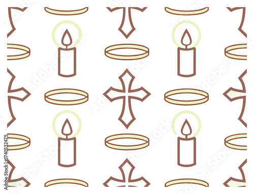 Elegant seamless pattern featuring religious symbols crosses halos and candles design