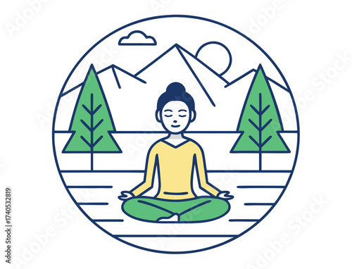 Woman Meditating Outdoors in Nature with Mountains and Trees Illustration