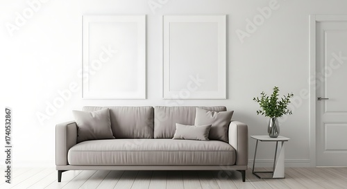 Modern Living Room with Gray Sofa and Two Blank Picture Frames couch interior
