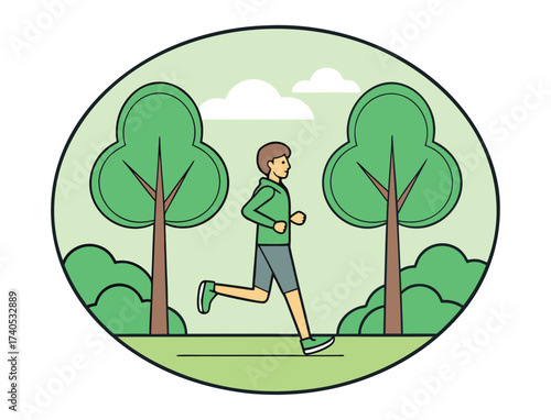 Man running in the park surrounded by nature and trees vector