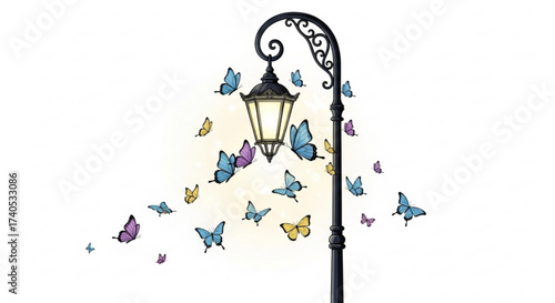A vintage street lamp surrounded by a multitude of colorful butterflies in a whimsical and magical illustration