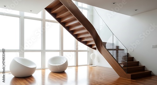 Modern Wooden Staircase with Glass Railing and White Sculptural Chairs interior curved
