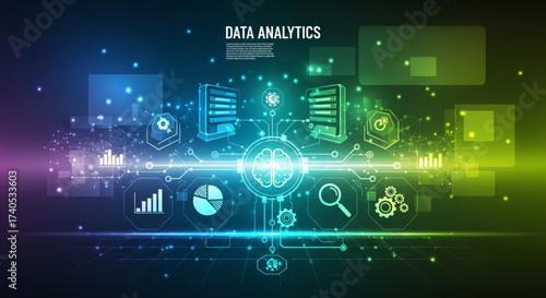 Data analytics visualization with connected icons and glowing lines on a dark gradient background design