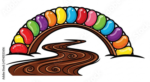 Illustration of a jelly bean bridge over a chocolate river with swirling currents and colorful candies