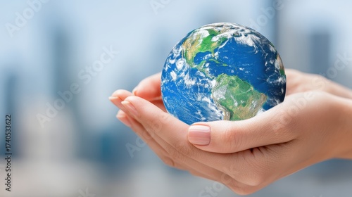 Earth in hands conservation awareness urban setting image of care blue planet close-up global responsibility