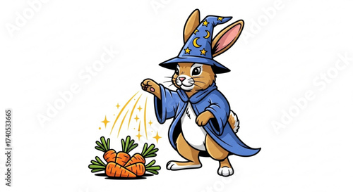 Wizard rabbit casting a spell on a pile of carrots with a blue robe and a wizard hat with stars and moons