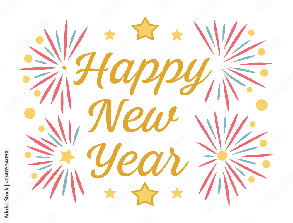 Obraz premium Happy New Year celebration greeting with fireworks and star decorations