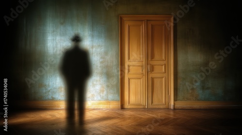 Mysterious figure approaches door abandoned room digital artwork dim lighting atmospheric perspective