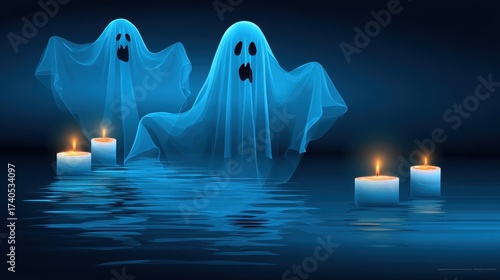 Haunted ghosts in eerie waters candlelit atmosphere digital art mysterious mood spooky scene