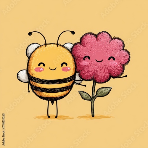 Joyful bee and flower embrace nature illustration colorful playful concept for kids activities