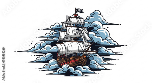 A pirate ship sailing through a sea of clouds with a skull and crossbones flag flying high on the mast