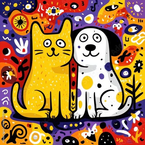 Playful dogs and cats in colorful art creative studio digital illustration vibrant environment whimsical concept
