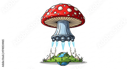 Amanita mushroom shaped spaceship landing on earth with trees and grass in a cartoon illustration style