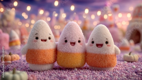 Playful candy corn characters enchanted halloween scene 3d animation whimsical atmosphere close-up view festive spirit