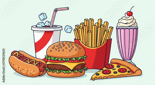 Illustration of a variety of fast food items including a burger fries pizza and milkshake drawing