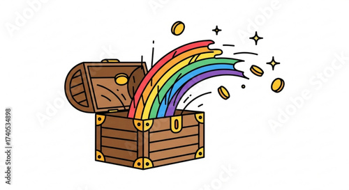 An illustration of an open treasure chest with a rainbow and gold coins coming out of it on a white background