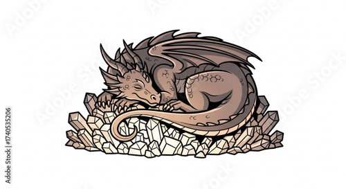 Illustration of a sleeping dragon curled up on a bed of crystals with wings and horns and a long tail